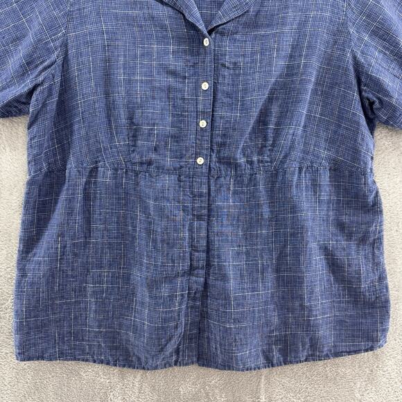 Liz Claiborne Top Womens 16W Blue Plaid Linen Button Up Shirt Short Sleeve Tie - Picture 4 of 12
